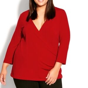 Nwt Arna York Ruby Red Faux Wrap V-Neck Status Plain Top Size 18 (R15.5)